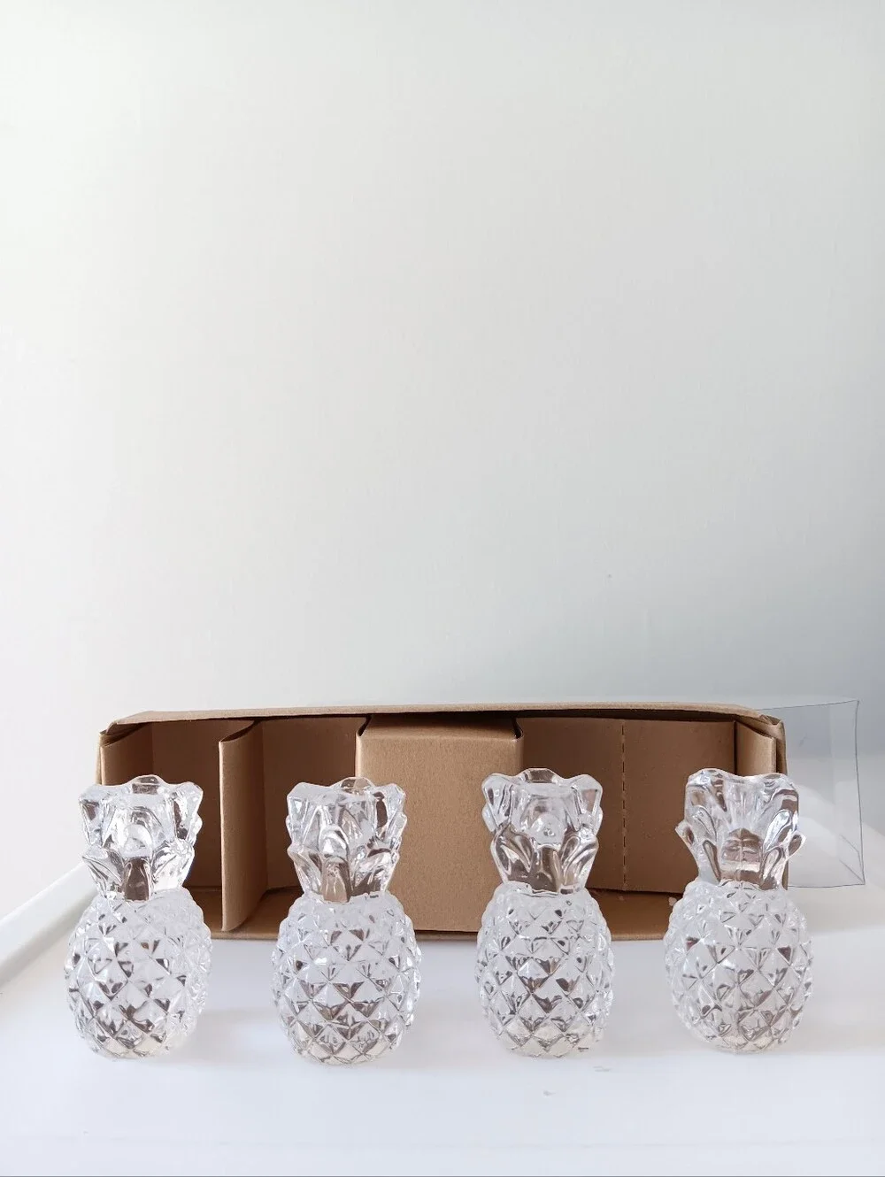 Williams Sonoma Clear Glass Pineapple Taper Candle Holders Set of 4 New in Box